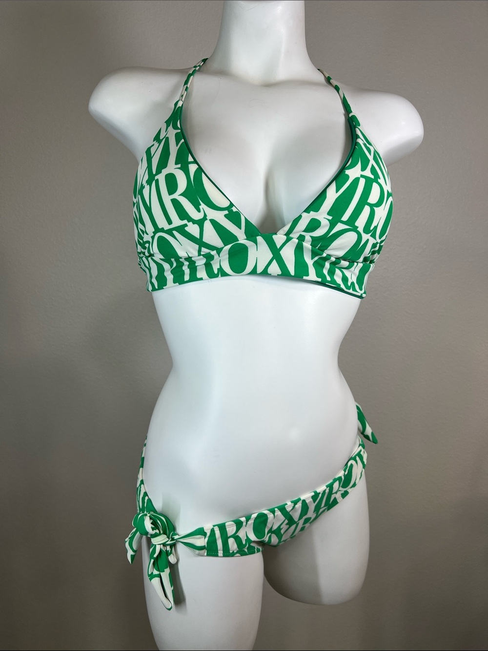 Roxy Green and White Logo Tie-Side Triangle Bikini